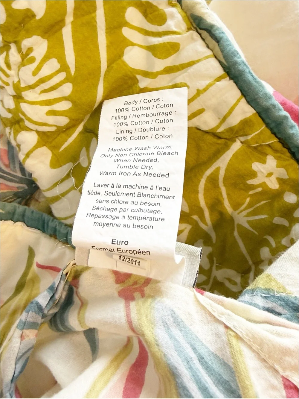 POTTERY BARN Quilted Patchwork Multi Tropical Print Euro Pillow Sham 24” X 24”